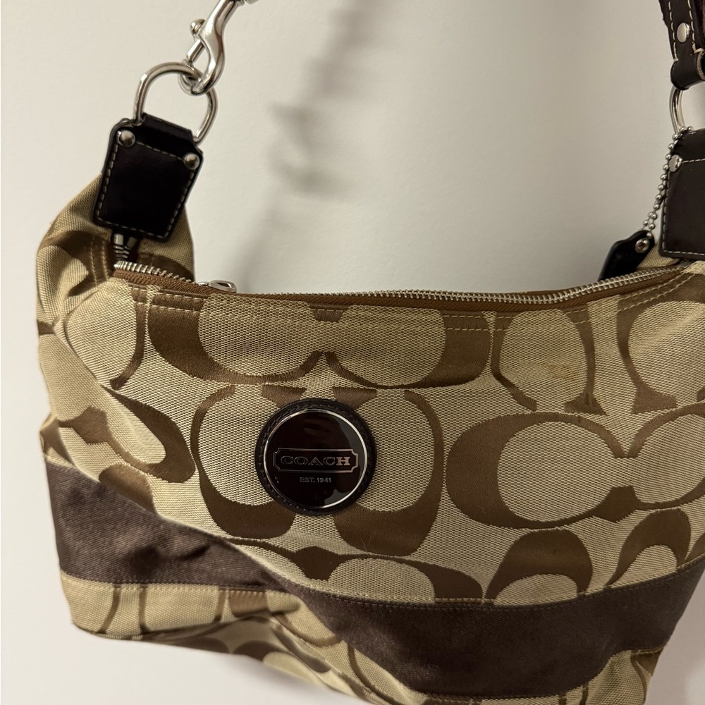 Coach Signature Brown and Tan Shoulder Bag
